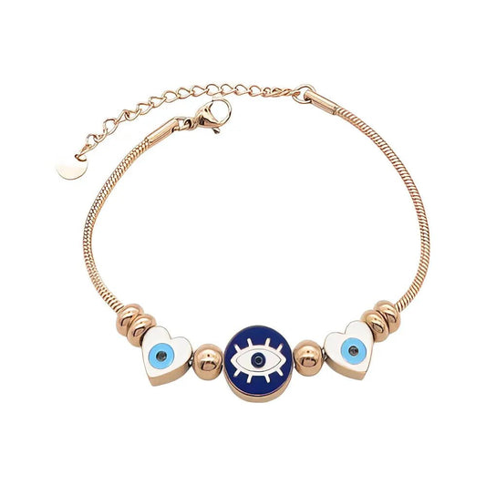 Ατσάλινο Βραχιόλι Snake Chain με Μάτι και Καρδιές από Σμάλτο (B3398) - charmy.gr