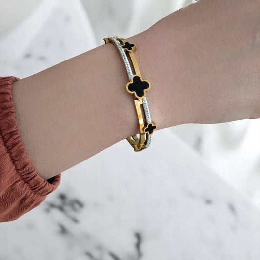 Ατσάλινο βραχιόλι χειροπέδα τετράφυλλα τριφύλλια (B3330) - charmy.gr