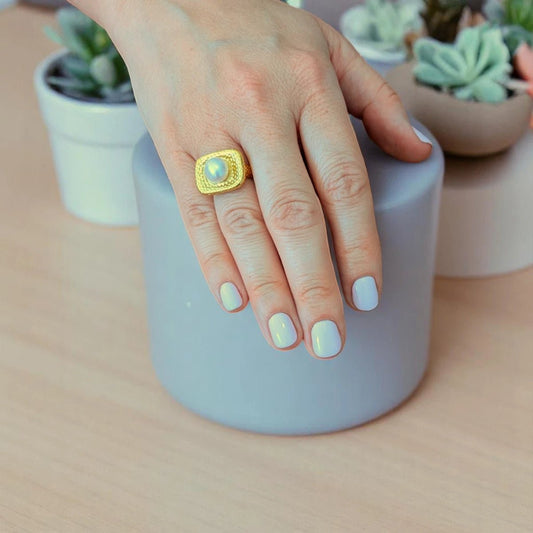 Ατσάλινο δαχτυλίδι επιχρυσωμένο με πέρλα (R1440) - charmy.gr