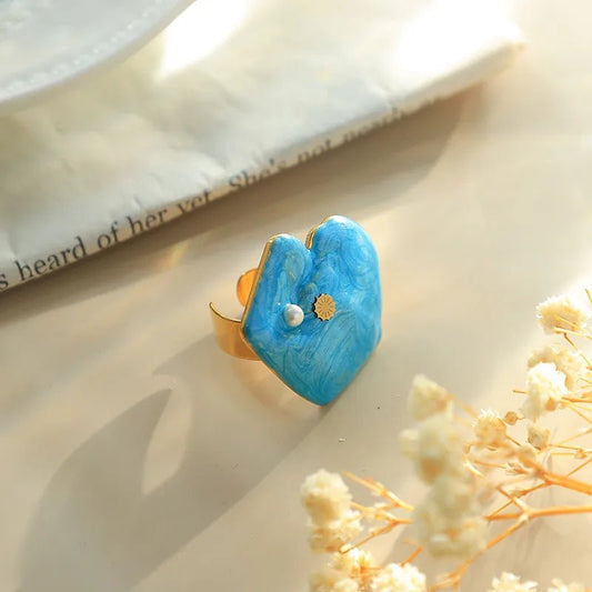 Ατσάλινο Δαχτυλίδι Καρδιά με Μπλε Σμάλτο και Λεπτομέρειες (R1449) - charmy.gr