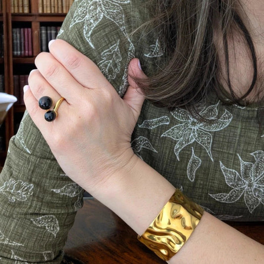 Ατσάλινο δαχτυλίδι με δύο μαύρες πέτρες (R3053) - charmy.gr