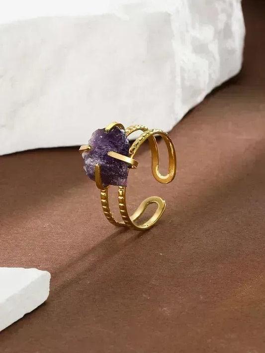 Ατσάλινο δαχτυλίδι με φυσική πέτρα επιχρυσωμένο 18k (R1355)