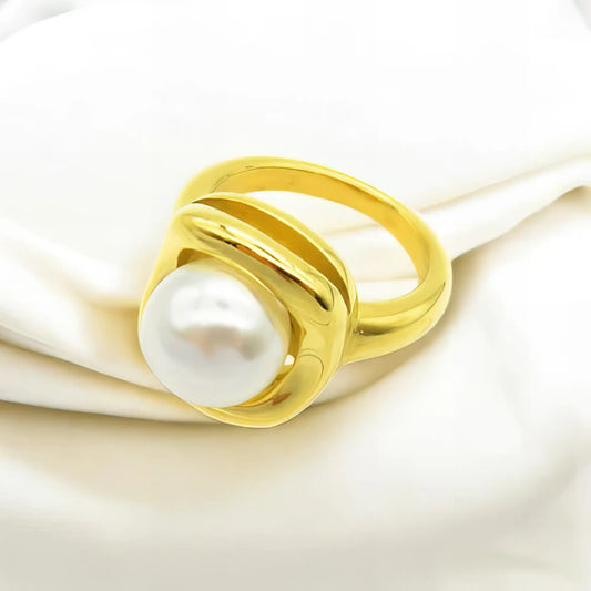 Ατσάλινο δαχτυλίδι με μεγάλη πέρλα (R3055) - charmy.gr