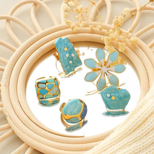 Ατσάλινο Δαχτυλίδι Ορθογώνιο με Σμάλτο & Πέρλες σε Μπλε Απόχρωση (R1451) - charmy.gr