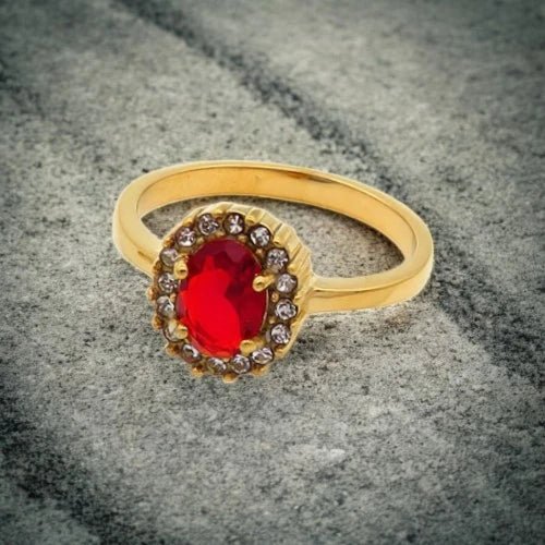 Ατσάλινο δαχτυλίδι ροζέτα κόκκινη πέτρα ζιργκόν (R3083) - charmy.gr