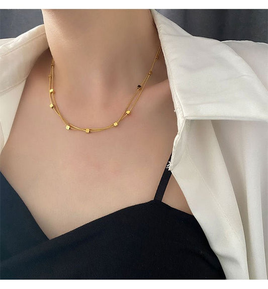 Γυναικείο ατσάλινο κολιέ διπλό επιχρυσωμένο με μικρούς κύβους (N1202)  - necklace - charmy.gr
