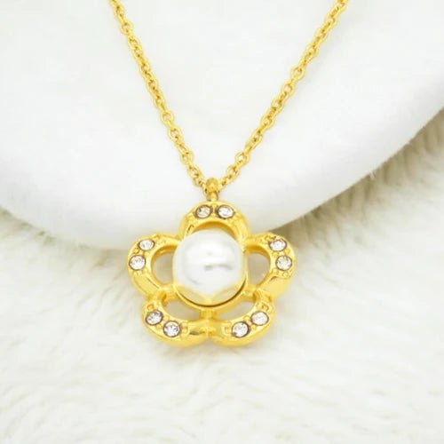 Ατσάλινο κολιέ επιχρυσωμένο λουλούδι με πέρλα & ζιργκόν (N3144) - charmy.gr