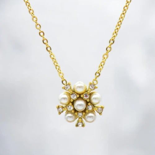 Ατσάλινο κολιέ επιχρυσωμένο λουλούδι με πέρλες & ζιργκόν (N3122) - charmy.gr