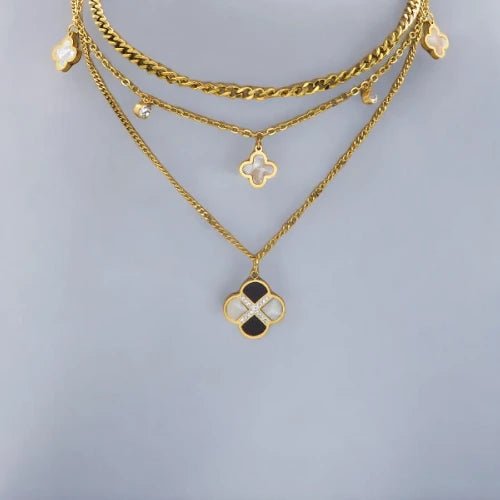 Ατσάλινο κολιέ επιχρυσωμένο τριπλό με τετράφυλλα τριφύλλια (N3123) - charmy.gr