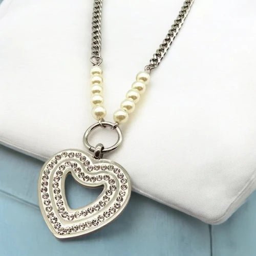 Ατσάλινο κολιέ καρδιά με πέρλες & ζιργκόν χρώμα ασημί (N3194) - charmy.gr