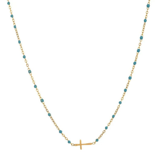 Ατσάλινο κολιέ ροζάριο με γαλάζιες χάντρες και σταυρό (N1631)