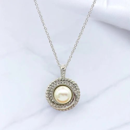 Ατσάλινο κολιέ με κυκλικό κρεμαστό με πέρλα & ζιργκόν χρώμα ασημί (N3088) - charmy.gr