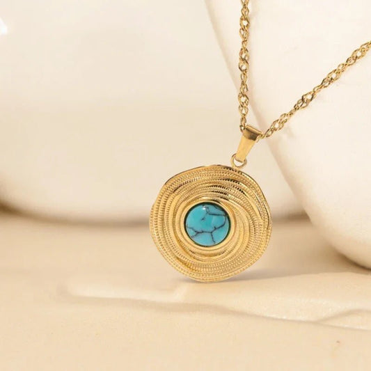 Ατσάλινο κολιέ με πέτρα τυρκουάζ επιχρυσωμένο (N1676) - charmy.gr