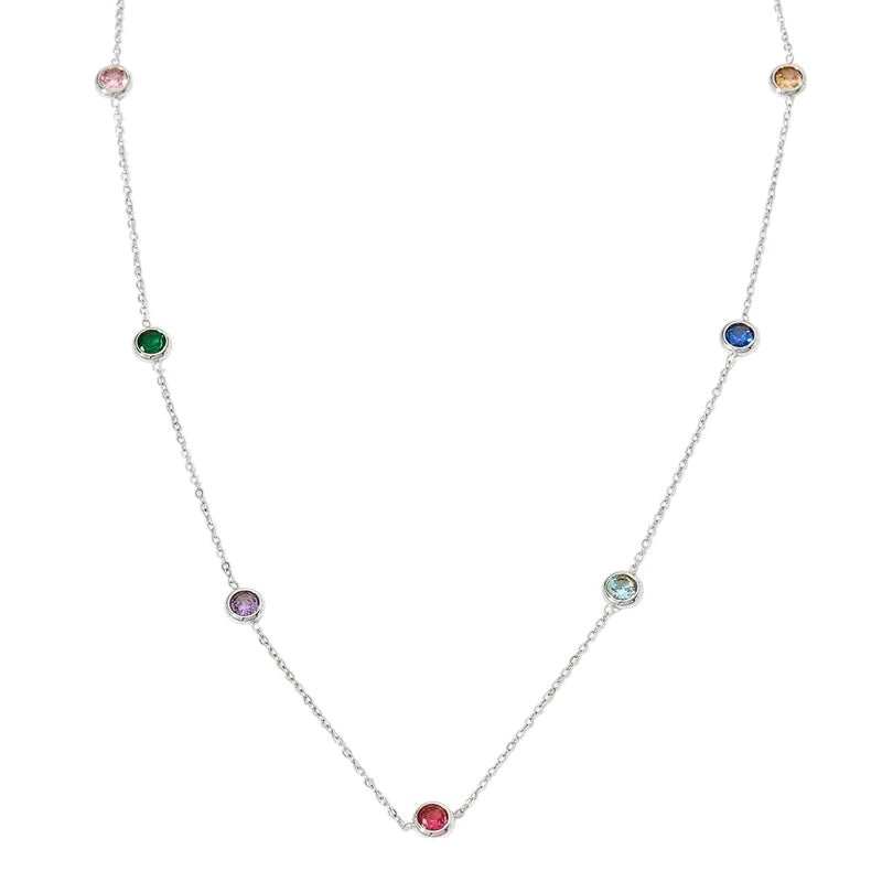 Ατσάλινο κολιέ με πολύχρωμα ζιργκόν χρώμα ασημί (N1733) - charmy.gr