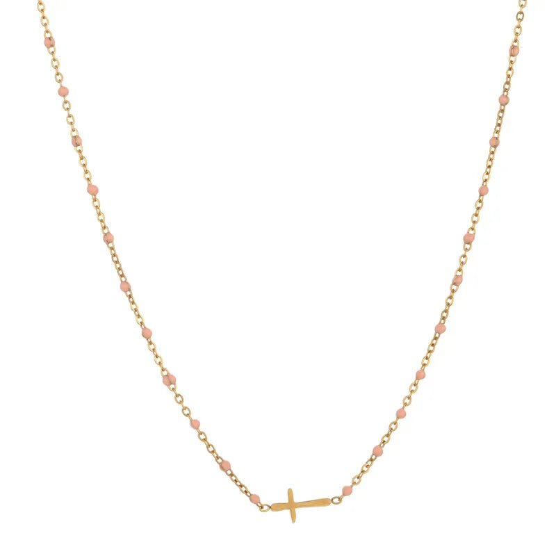 Ατσάλινο κολιέ ροζάριο με ροζ χάντρες και σταυρό (N1635)