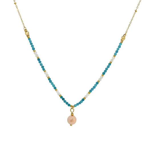 Ατσάλινο Κολιέ με Τιρκουάζ Χάντρες & Ροζ Μαργαριταρένιο Στοιχείο (N1806) - charmy.gr