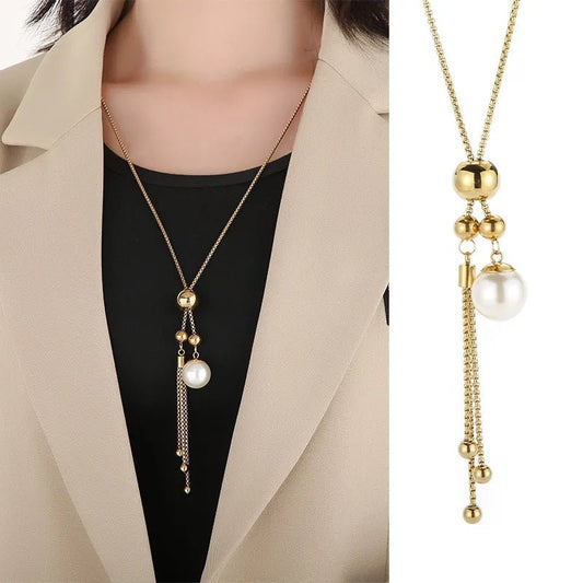 Ατσάλινο μακρύ κολιέ με πέρλα επιχρυσωμένο 90cm (N1560) - charmy.gr
