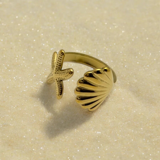 Ατσάλινο ρυθμιζόμενο δαχτυλίδι κοχύλι - αστερίας (R1053) - charmy.gr