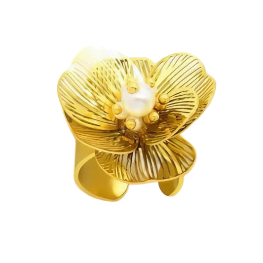 Ατσάλινο ρυθμιζόμενο δαχτυλίδι λουλούδι με πέρλα (R3017) - charmy.gr