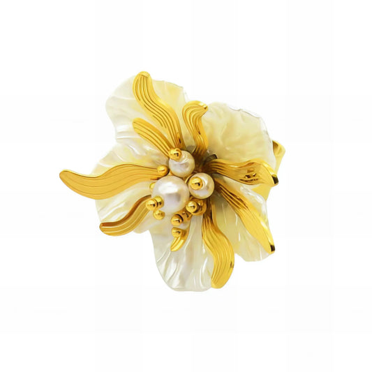 Ατσάλινο ρυθμιζόμενο δαχτυλίδι λουλούδι με πέρλες (R3000) - charmy.gr