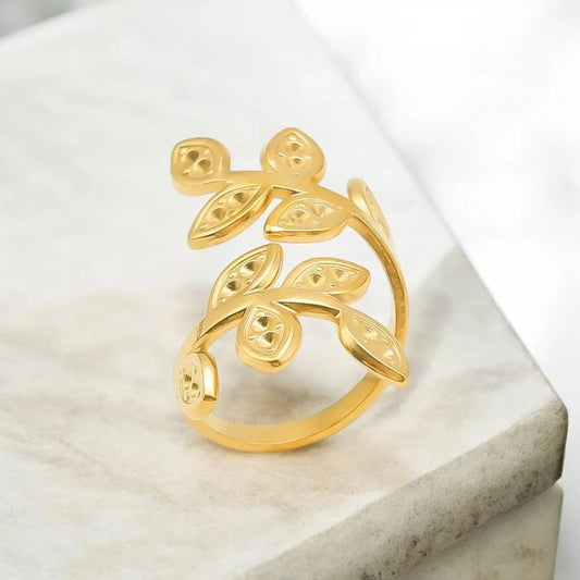 Ατσάλινο ρυθμιζόμενο δαχτυλίδι με φύλλα (R1400) - charmy.gr