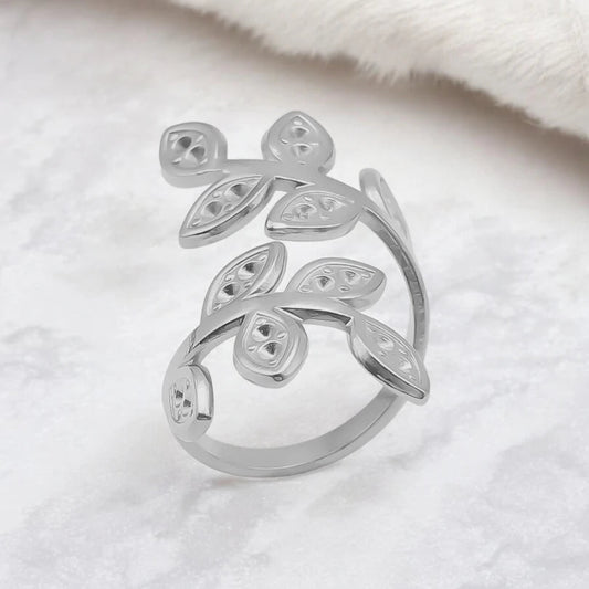 Ατσάλινο ρυθμιζόμενο δαχτυλίδι με φύλλα (R1403) - charmy.gr