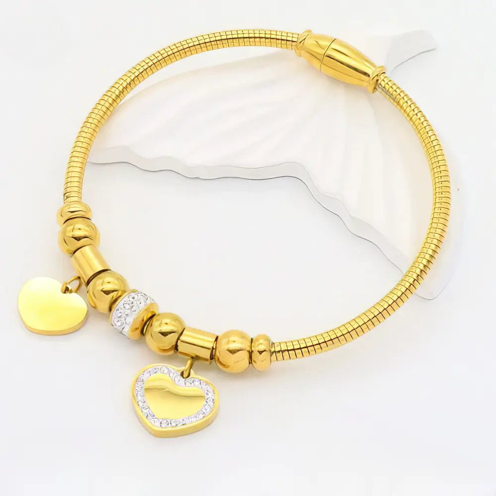 Ατσάλινο Χρυσό Βραχιόλι με Κρεμαστές Καρδιές & Ζιργκόν (B3448) - charmy.gr