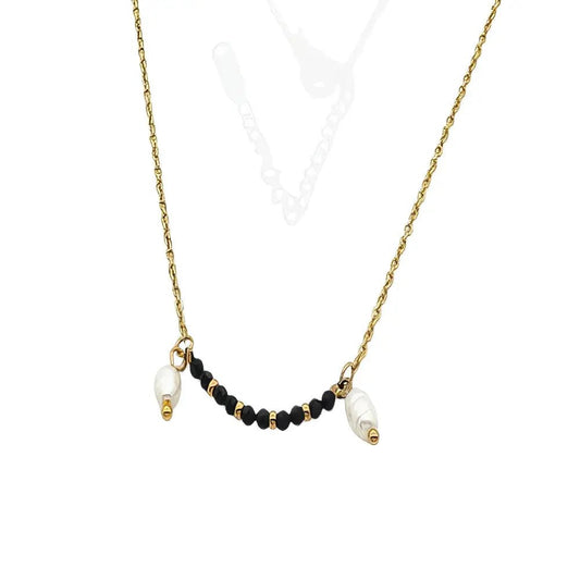 Ατσάλινο Χρυσό Κολιέ με Μαύρες Χάντρες & Λευκές Πέρλες(N3288) - charmy.gr
