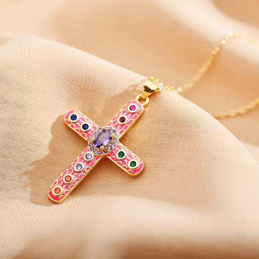 Ατσάλινος σταυρός με ροζ σμάλτο και ζιργκόν (N1625)