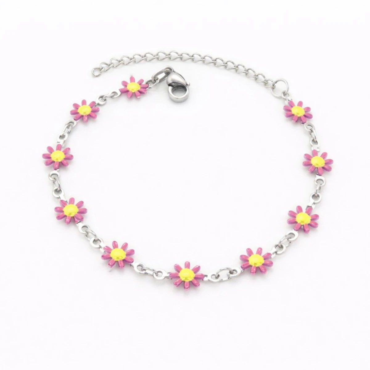 Ατσάλινο βραχιόλι με ροζ λουλουδάκια (B3623)