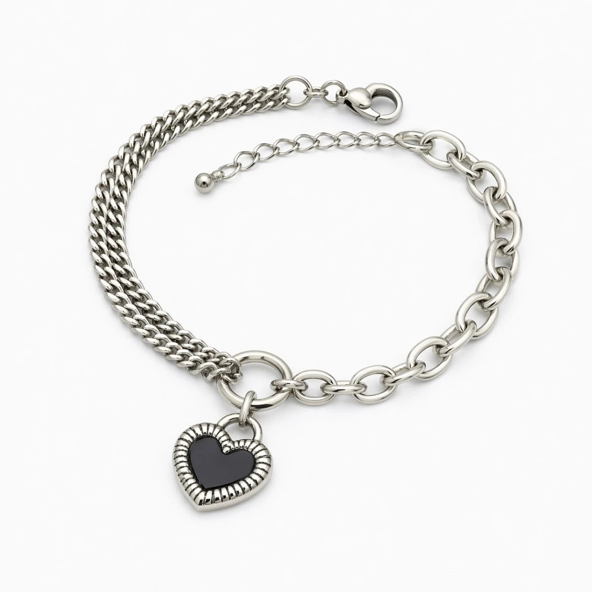 Ατσάλινο βραχιόλι αλυσίδα με μαύρη καρδιά (B3627)