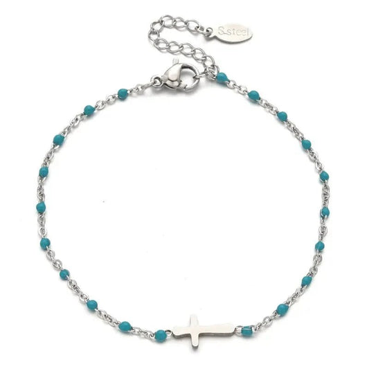 Βραχιόλι ατσάλινο ροζάριο με σταυρουδάκι ασημί με γαλάζιο (B1601) - charmy.gr
