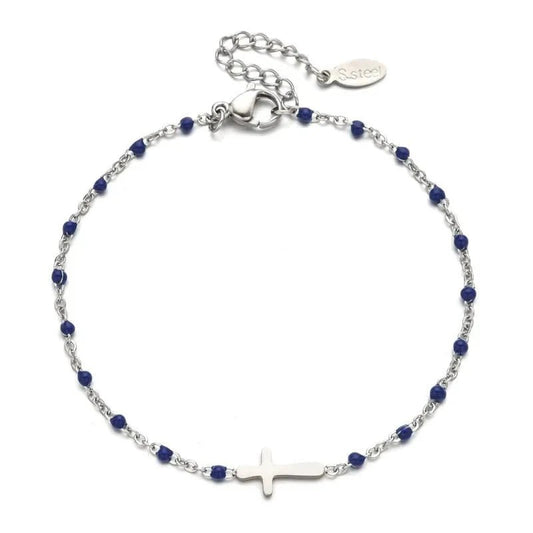 Βραχιόλι ατσάλινο ροζάριο με σταυρουδάκι ασημί με μπλε (B1602) - charmy.gr