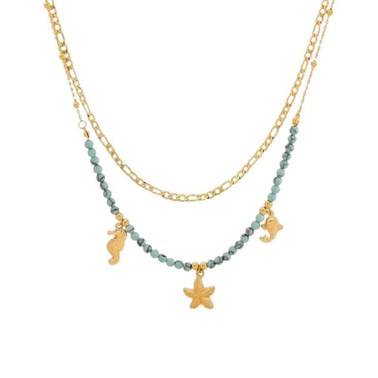 Διπλό Κολιέ με Χρυσή Αλυσίδα, Τυρκουάζ Χάντρες & Θαλάσσια Μοτίβα (N1773) - charmy.gr