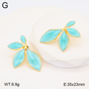 Σκουλαρίκια ατσάλι χρυσά με γαλάζια φύλλα 3.5x2.3 cm (E3380)