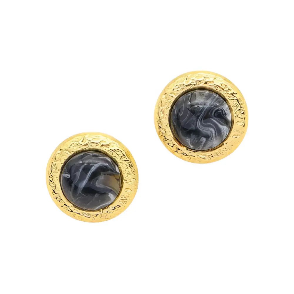 Επιχρυσωμένα Ατσάλινα Καρφωτά Σκουλαρίκια με Μαύρη - Γκρι Πέτρα (E3228) - charmy.gr