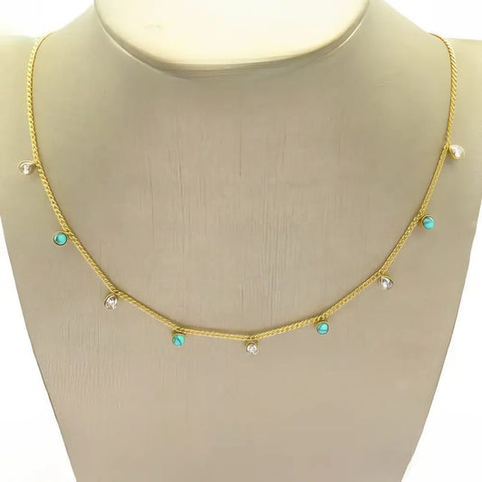 Επιχρυσωμένο Ατσάλινο Κολιέ με Λευκές και Γαλάζιες Πέτρες (N3280) - charmy.gr