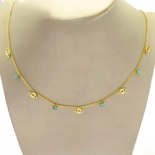 Επιχρυσωμένο Ατσάλινο Κολιέ με Μάτια και Τιρκουάζ Χάντρες (N3281) - charmy.gr