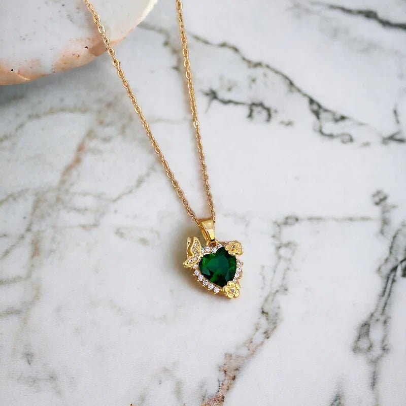 Κολιέ ατσάλινο καρδιά ροζέτα με πράσινη πέτρα ζιργκόν επιχρυσωμένο (N1382) - charmy.gr