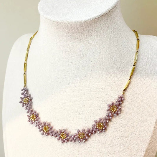 Κολιέ ατσάλινο με μωβ λουλούδια με ζιργκόν επιχρυσωμένο 14k (N1461) - charmy.gr