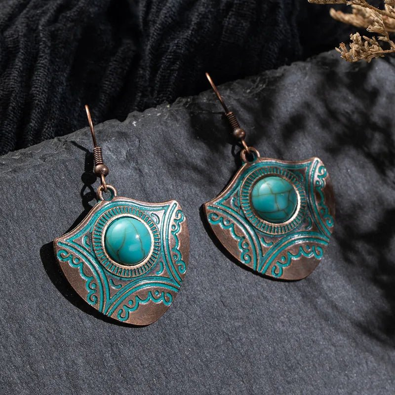 Κρεμαστά σκουλαρίκια boho με πέτρα τυρκουάζ 4.5cm (E1371)