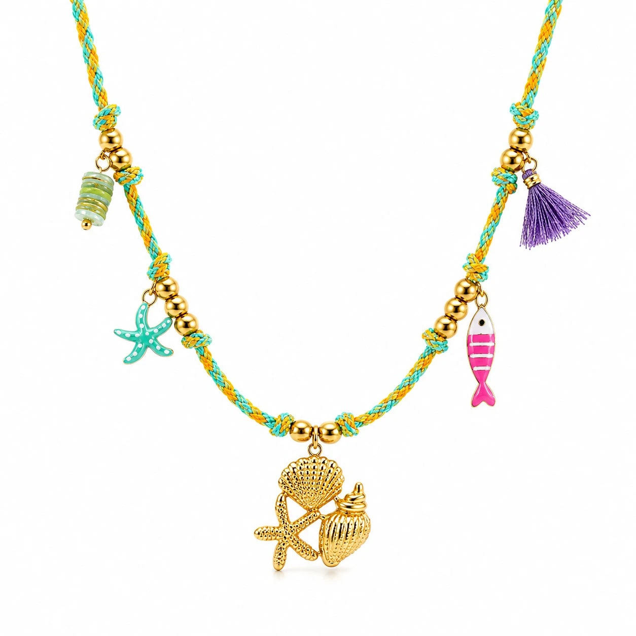 Ατσάλινο Κολιέ Boho Θαλασσινό Πολύχρωμο με Charms – Καλοκαιρινό (N1900)