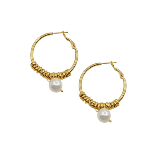 Σκουλαρίκια κρίκοι ατσάλινοι επιχρυσωμένοι μάκρος 4εκ με πέρλα (E1211) - charmy.gr