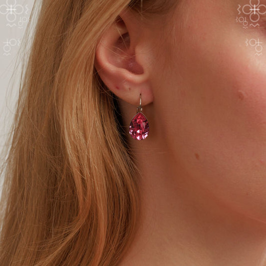 Χειροποίητα σκουλαρίκια κρεμαστά με κρύσταλλο ροζ swarovski (F1128) - charmy.gr