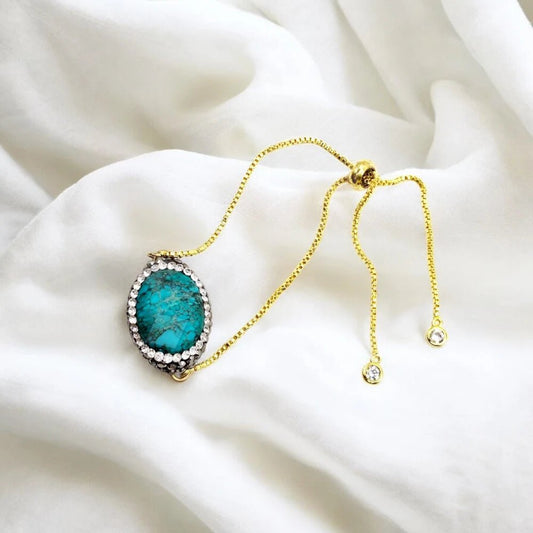 Χειροποίητο βραχιόλι ατσάλινο με πέτρα τυρκουάζ επιχρυσωμένο (B1118) - charmy.gr