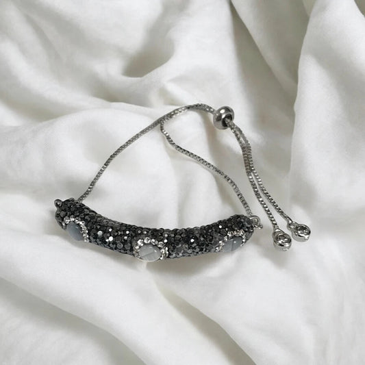 Χειροποίητο βραχιόλι ατσάλινο με πετράδια μάτι γάτας γκρι και ζιργκόν (B1119) - charmy.gr