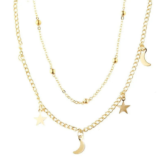 Αλυσίδα λαιμού ατσάλινη διπλή αστέρια και φεγγάρια επιχρυσωμένη 18k (N1422) - necklace - charmy.gr