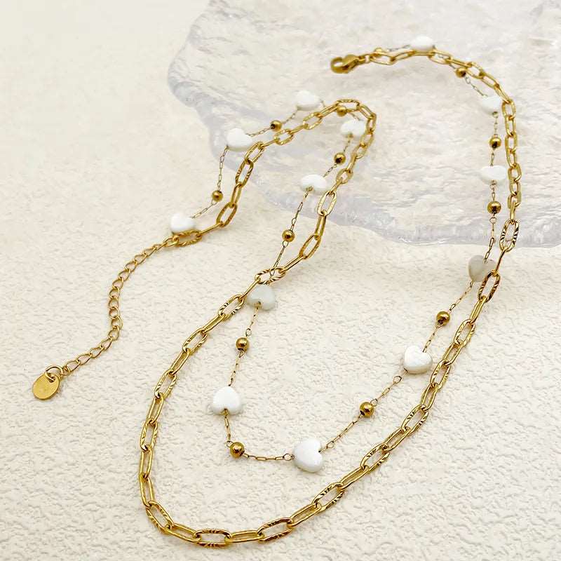 Γυναικεία αλυσίδα λαιμού ατσάλινη διπλή με καρδιές επιχρυσωμένη (N1448)  - necklace - charmy.gr
