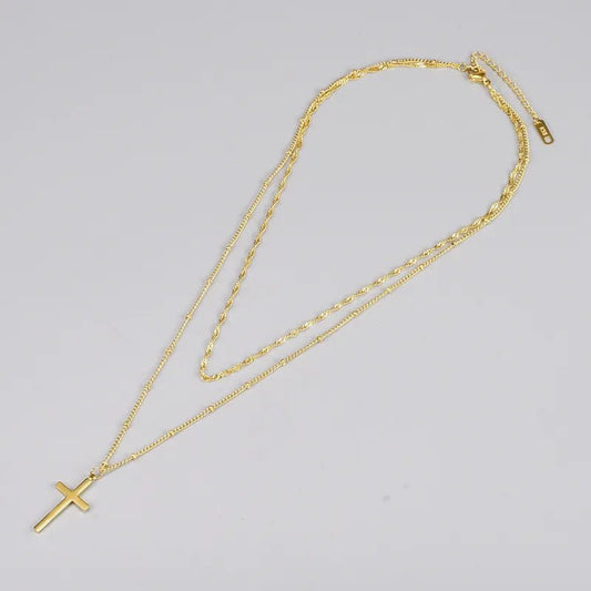 Γυναικεία αλυσίδα λαιμού ατσάλινη διπλή με σταυρό επιχρυσωμένη 18k (N1403) - necklace - charmy.gr