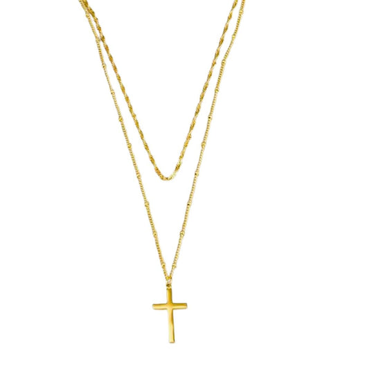 Αλυσίδα λαιμού ατσάλινη διπλή με σταυρό επιχρυσωμένη 18k (N1403) - necklace - charmy.gr